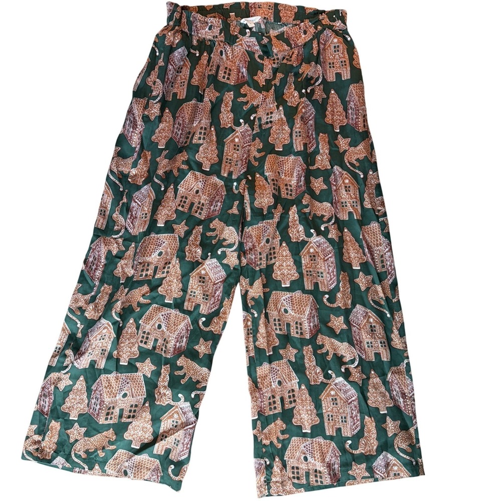 Print Fresh Womens Pajama Pants Leopard Gingerbread Green Pants Size Med Pockets